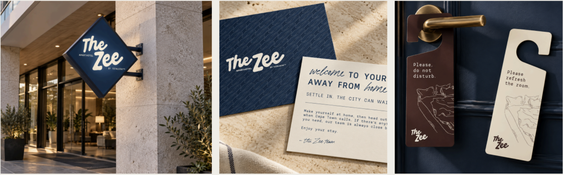 The Zee identity across signage, welcome notes and door hangers